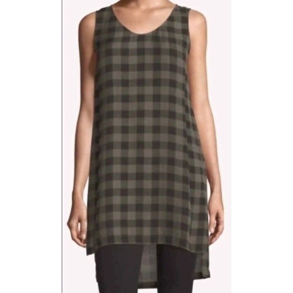 Eileen Fisher 100%‎ Silk Sheer Plaid Sleeveless Hi Low Tunic Black Olive Green S